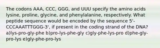 The codons AAA, CCC, GGG, and UUU specify the <a href='https://www.questionai.com/knowledge/k9gb720LCl-amino-acids' class='anchor-knowledge'>amino acids</a> lysine, proline, glycine, and phenylalanine, respectively. What peptide sequence would be encoded by the sequence 5'-CCCAAATTTGGG-3', if present in the coding strand of the DNA? a)lys-pro-gly-phe b)pro-lys-phe-gly c)gly-phe-lys-pro d)phe-gly-pro-lys e)gly-phe-pro-lys