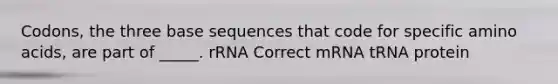 Codons, the three base sequences that code for specific amino acids, are part of _____. rRNA Correct mRNA tRNA protein