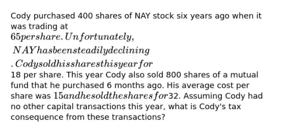 Cody purchased 400 shares of NAY stock six years ago when it was trading at 65 per share. Unfortunately, NAY has been steadily declining. Cody sold his shares this year for18 per share. This year Cody also sold 800 shares of a mutual fund that he purchased 6 months ago. His average cost per share was 15 and he sold the shares for32. Assuming Cody had no other capital transactions this year, what is Cody's tax consequence from these transactions?