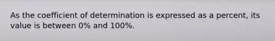 As the coefficient of determination is expressed as a percent, its value is between 0% and 100%.