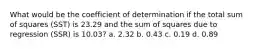 What would be the coefficient of determination if the total sum of squares (SST) is 23.29 and the sum of squares due to regression (SSR) is 10.03? a. 2.32 b. 0.43 c. 0.19 d. 0.89