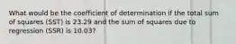 What would be the coefficient of determination if the total sum of squares (SST) is 23.29 and the sum of squares due to regression (SSR) is 10.03?