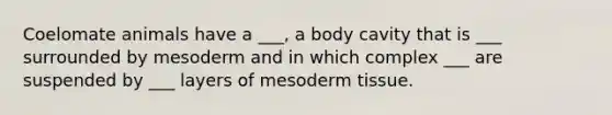 Coelomate animals have a ___, a body cavity that is ___ surrounded by mesoderm and in which complex ___ are suspended by ___ layers of mesoderm tissue.