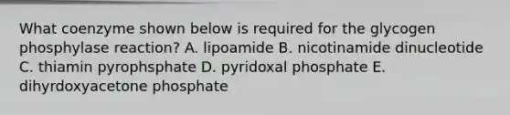 What coenzyme shown below is required for the glycogen phosphylase reaction? A. lipoamide B. nicotinamide dinucleotide C. thiamin pyrophsphate D. pyridoxal phosphate E. dihyrdoxyacetone phosphate