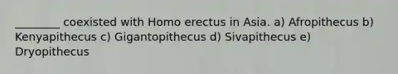 ________ coexisted with <a href='https://www.questionai.com/knowledge/kI1ONx7LAC-homo-erectus' class='anchor-knowledge'>homo erectus</a> in Asia. a) Afropithecus b) Kenyapithecus c) Gigantopithecus d) Sivapithecus e) Dryopithecus