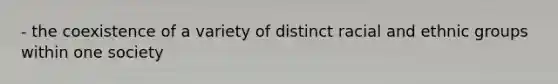 - the coexistence of a variety of distinct racial and ethnic groups within one society