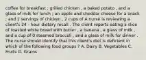 coffee for breakfast ; grilled chicken , a baked potato , and a glass of milk for lunch ; an apple and cheddar cheese for a snack ; and 2 servings of chicken , 2 cups of A nurse is reviewing a client's 24 - hour dietary recall . The client reports eating a slice of toasted white bread with butter , a banana , a glass of milk , and a cup of 0 steamed broccoli , and a glass of milk for dinner . The nurse should identify that this client's diet is deficient in which of the following food groups ? A. Dairy B. Vegetables C. Fruits D. Grains