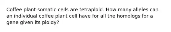 Coffee plant somatic cells are tetraploid. How many alleles can an individual coffee plant cell have for all the homologs for a gene given its ploidy?