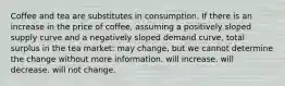 Coffee and tea are substitutes in consumption. If there is an increase in the price of coffee, assuming a positively sloped supply curve and a negatively sloped demand curve, total surplus in the tea market: may change, but we cannot determine the change without more information. will increase. will decrease. will not change.