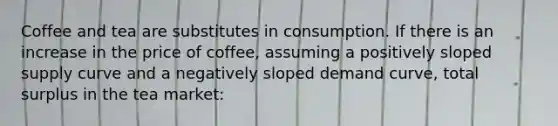 Coffee and tea are substitutes in consumption. If there is an increase in the price of coffee, assuming a positively sloped supply curve and a negatively sloped demand curve, total surplus in the tea market: