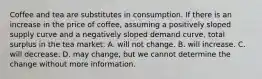 Coffee and tea are substitutes in consumption. If there is an increase in the price of coffee, assuming a positively sloped supply curve and a negatively sloped demand curve, total surplus in the tea market: A. will not change. B. will increase. C. will decrease. D. may change, but we cannot determine the change without more information.