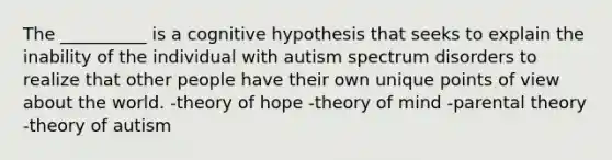 The __________ is a cognitive hypothesis that seeks to explain the inability of the individual with autism spectrum disorders to realize that other people have their own unique points of view about the world. -theory of hope -theory of mind -parental theory -theory of autism