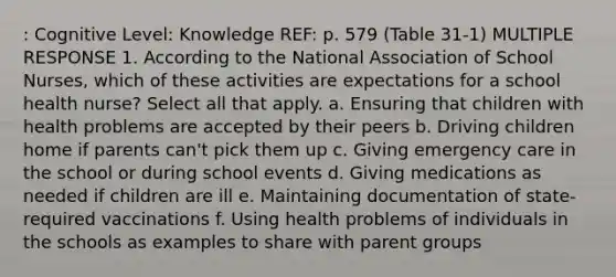 : Cognitive Level: Knowledge REF: p. 579 (Table 31-1) MULTIPLE RESPONSE 1. According to the National Association of School Nurses, which of these activities are expectations for a school health nurse? Select all that apply. a. Ensuring that children with health problems are accepted by their peers b. Driving children home if parents can't pick them up c. Giving emergency care in the school or during school events d. Giving medications as needed if children are ill e. Maintaining documentation of state-required vaccinations f. Using health problems of individuals in the schools as examples to share with parent groups