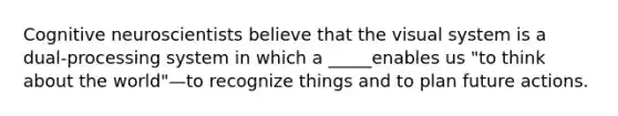 Cognitive neuroscientists believe that the visual system is a dual-processing system in which a _____enables us "to think about the world"—to recognize things and to plan future actions.