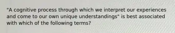 "A cognitive process through which we interpret our experiences and come to our own unique understandings" is best associated with which of the following terms?