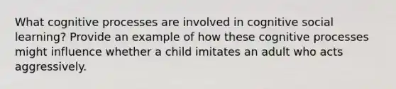 What cognitive processes are involved in cognitive social learning? Provide an example of how these cognitive processes might influence whether a child imitates an adult who acts aggressively.