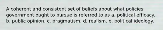 A coherent and consistent set of beliefs about what policies government ought to pursue is referred to as a. political efficacy. b. public opinion. c. pragmatism. d. realism. e. political ideology.