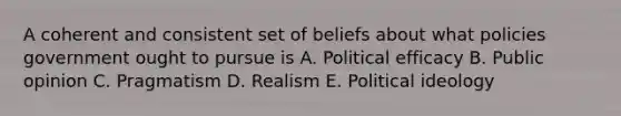 A coherent and consistent set of beliefs about what policies government ought to pursue is A. Political efficacy B. Public opinion C. Pragmatism D. Realism E. Political ideology