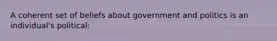 A coherent set of beliefs about government and politics is an individual's political: