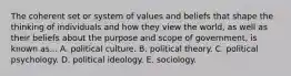 The coherent set or system of values and beliefs that shape the thinking of individuals and how they view the world, as well as their beliefs about the purpose and scope of government, is known as... A. political culture. B. political theory. C. political psychology. D. political ideology. E. sociology.