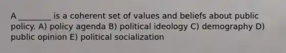 A ________ is a coherent set of values and beliefs about public policy. A) policy agenda B) political ideology C) demography D) public opinion E) political socialization