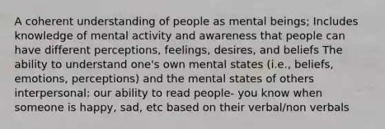 A coherent understanding of people as mental beings; Includes knowledge of mental activity and awareness that people can have different perceptions, feelings, desires, and beliefs The ability to understand one's own mental states (i.e., beliefs, emotions, perceptions) and the mental states of others interpersonal: our ability to read people- you know when someone is happy, sad, etc based on their verbal/non verbals