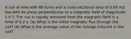A coil of wire with 80 turns and a cross-sectional area of 0.06 m2 lies with its plane perpendicular to a magnetic field of magnitude 5.0 T. The coil is rapidly removed from the magnetic field in a time of 0.2 s. (a) What is the initial magnetic flux through the coil? (b) What is the average value of the voltage induced in the coil?