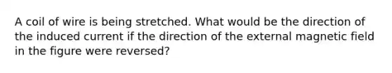 A coil of wire is being stretched. What would be the direction of the induced current if the direction of the external magnetic field in the figure were reversed?