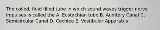 The coiled, fluid filled tube in which sound waves trigger <a href='https://www.questionai.com/knowledge/kiql3Tp3Ps-nerve-impulses' class='anchor-knowledge'>nerve impulses</a> is called the A. Eustachian tube B. Auditory Canal C. Semicircular Canal D. Cochlea E. Vestibular Apparatus