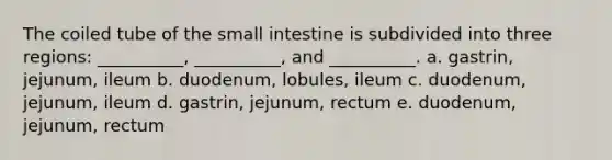 The coiled tube of the small intestine is subdivided into three regions: __________, __________, and __________. a. gastrin, jejunum, ileum b. duodenum, lobules, ileum c. duodenum, jejunum, ileum d. gastrin, jejunum, rectum e. duodenum, jejunum, rectum