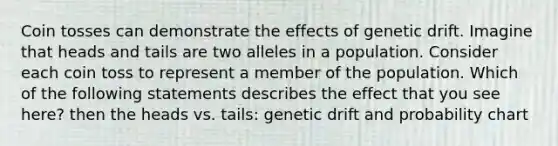 Coin tosses can demonstrate the effects of genetic drift. Imagine that heads and tails are two alleles in a population. Consider each coin toss to represent a member of the population. Which of the following statements describes the effect that you see here? then the heads vs. tails: genetic drift and probability chart