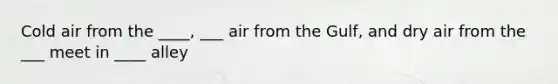Cold air from the ____, ___ air from the Gulf, and dry air from the ___ meet in ____ alley