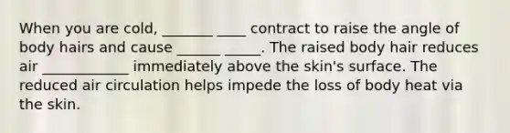 When you are cold, _______ ____ contract to raise the angle of body hairs and cause ______ _____. The raised body hair reduces air ____________ immediately above the skin's surface. The reduced air circulation helps impede the loss of body heat via the skin.