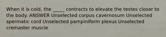 When it is cold, the _____ contracts to elevate the testes closer to the body. ANSWER Unselected corpus cavernosum Unselected spermatic cord Unselected pampiniform plexus Unselected cremaster muscle