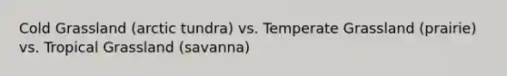 Cold Grassland (arctic tundra) vs. Temperate Grassland (prairie) vs. Tropical Grassland (savanna)