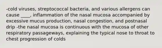 -cold viruses, streptococcal bacteria, and various allergens can cause ____, inflammation of the nasal mucosa accompanied by excessive mucus production, nasal congestion, and postnasal drip -the nasal mucosa is continuous with the mucosa of other respiratory passageways, explaining the typical nose to throat to chest progression of colds