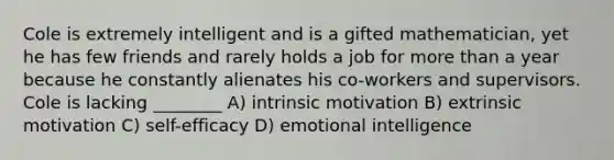 Cole is extremely intelligent and is a gifted mathematician, yet he has few friends and rarely holds a job for more than a year because he constantly alienates his co-workers and supervisors. Cole is lacking ________ A) intrinsic motivation B) extrinsic motivation C) self-efficacy D) emotional intelligence