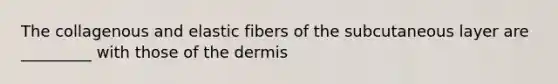 The collagenous and elastic fibers of the subcutaneous layer are _________ with those of the dermis