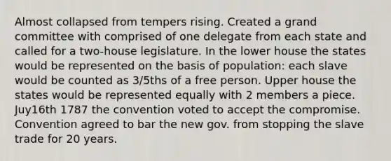 Almost collapsed from tempers rising. Created a grand committee with comprised of one delegate from each state and called for a two-house legislature. In the lower house the states would be represented on the basis of population: each slave would be counted as 3/5ths of a free person. Upper house the states would be represented equally with 2 members a piece. Juy16th 1787 the convention voted to accept the compromise. Convention agreed to bar the new gov. from stopping the slave trade for 20 years.