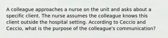 A colleague approaches a nurse on the unit and asks about a specific client. The nurse assumes the colleague knows this client outside the hospital setting. According to Ceccio and Ceccio, what is the purpose of the colleague's communication?