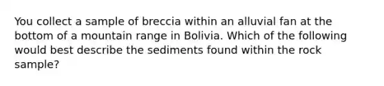 You collect a sample of breccia within an alluvial fan at the bottom of a mountain range in Bolivia. Which of the following would best describe the sediments found within the rock sample?