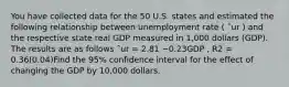 You have collected data for the 50 U.S. states and estimated the following relationship between unemployment rate ( ˆur ) and the respective state real GDP measured in 1,000 dollars (GDP). The results are as follows ˆur = 2.81 −0.23GDP , R2 = 0.36(0.04)Find the 95% confidence interval for the effect of changing the GDP by 10,000 dollars.