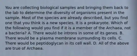 You are collecting biological samples and bringing them back to the lab to determine the diversity of organisms present in the sample. Most of the species are already described, but you find one that you think is a new species. It is a prokaryote. Which of the following would you find if it is a member of the Archaea, not a bacteria? A. There would be introns in some of its genes. B. There would be a plasma membrane surrounding its cells. C. There would be peptidoglycan in its cell wall. D. All of the above are true of Archaea.