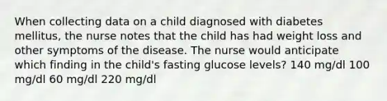 When collecting data on a child diagnosed with diabetes mellitus, the nurse notes that the child has had weight loss and other symptoms of the disease. The nurse would anticipate which finding in the child's fasting glucose levels? 140 mg/dl 100 mg/dl 60 mg/dl 220 mg/dl