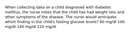 When collecting data on a child diagnosed with diabetes mellitus, the nurse notes that the child has had weight loss and other symptoms of the disease. The nurse would anticipate which finding in the child's fasting glucose levels? 60 mg/dl 100 mg/dl 140 mg/dl 220 mg/dl