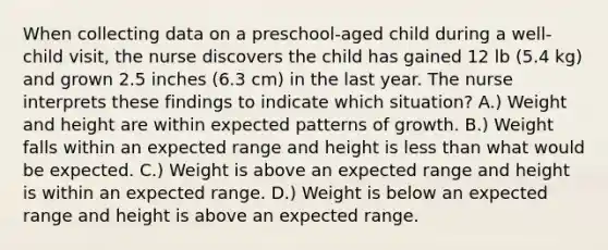 When collecting data on a preschool-aged child during a well-child visit, the nurse discovers the child has gained 12 lb (5.4 kg) and grown 2.5 inches (6.3 cm) in the last year. The nurse interprets these findings to indicate which situation? A.) Weight and height are within expected patterns of growth. B.) Weight falls within an expected range and height is less than what would be expected. C.) Weight is above an expected range and height is within an expected range. D.) Weight is below an expected range and height is above an expected range.