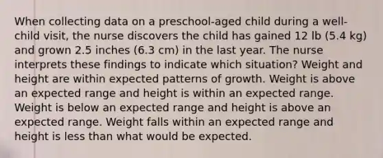 When collecting data on a preschool-aged child during a well-child visit, the nurse discovers the child has gained 12 lb (5.4 kg) and grown 2.5 inches (6.3 cm) in the last year. The nurse interprets these findings to indicate which situation? Weight and height are within expected patterns of growth. Weight is above an expected range and height is within an expected range. Weight is below an expected range and height is above an expected range. Weight falls within an expected range and height is less than what would be expected.