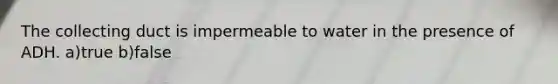 The collecting duct is impermeable to water in the presence of ADH. a)true b)false