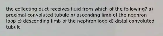 the collecting duct receives fluid from which of the following? a) proximal convoluted tubule b) ascending limb of the nephron loop c) descending limb of the nephron loop d) distal convoluted tubule