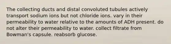 The collecting ducts and distal convoluted tubules actively transport sodium ions but not chloride ions. vary in their permeability to water relative to the amounts of ADH present. do not alter their permeability to water. collect filtrate from Bowman's capsule. reabsorb glucose.